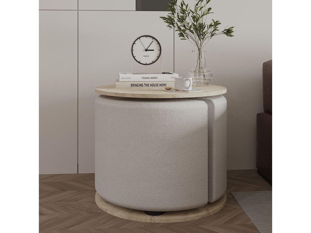 Mesa auxiliar "Vexana" con reposapiés de madera - 43 x 43 x 47 cm - Travertino