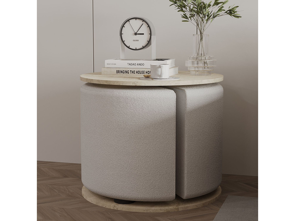 Mesa auxiliar "Vexana" con reposapiés de madera - 43 x 43 x 47 cm - Travertino