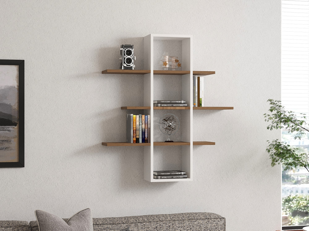 Estantería de pared de madera "Ardo" - 96 x 19 x 101 cm - Nogal, Blanco