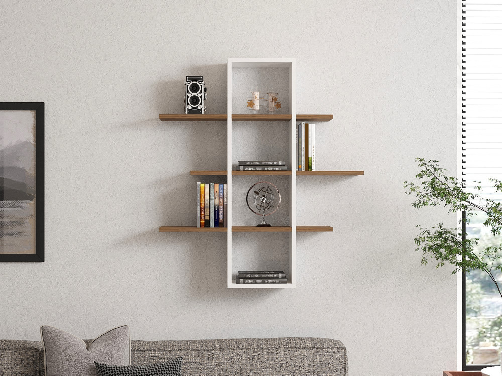 Estantería de pared de madera "Ardo" - 96 x 19 x 101 cm - Nogal, Blanco
