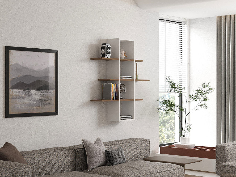 Estantería de pared de madera "Ardo" - 96 x 19 x 101 cm - Nogal, Blanco
