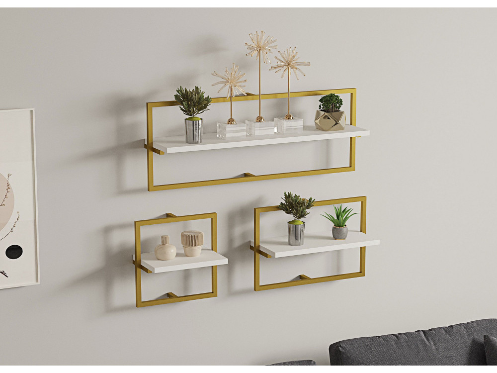 Estantería de pared de madera "Yeso" - 80 x 20 x 30 cm - Blanco, Dorado