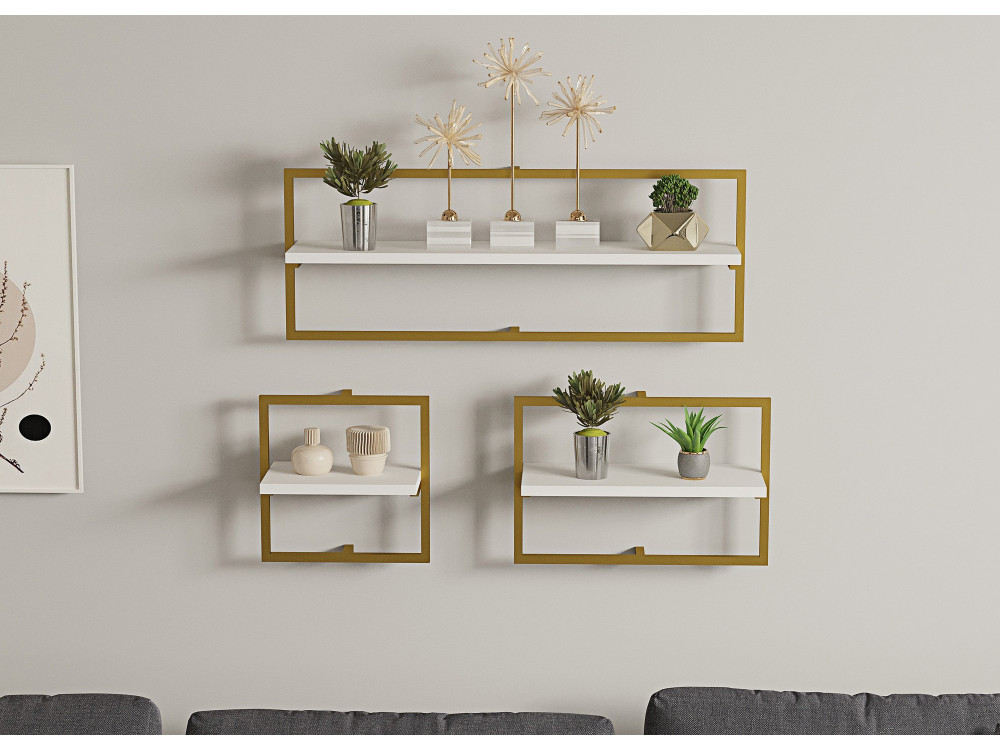 Estantería de pared de madera "Yeso" - 80 x 20 x 30 cm - Blanco, Dorado