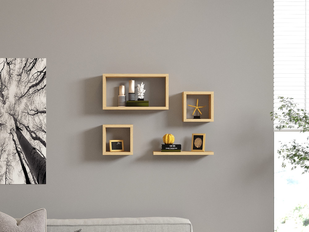 Lote de 4 estanterías murales de madera "Babi" - 43 x 15 x 23 cm - Beige