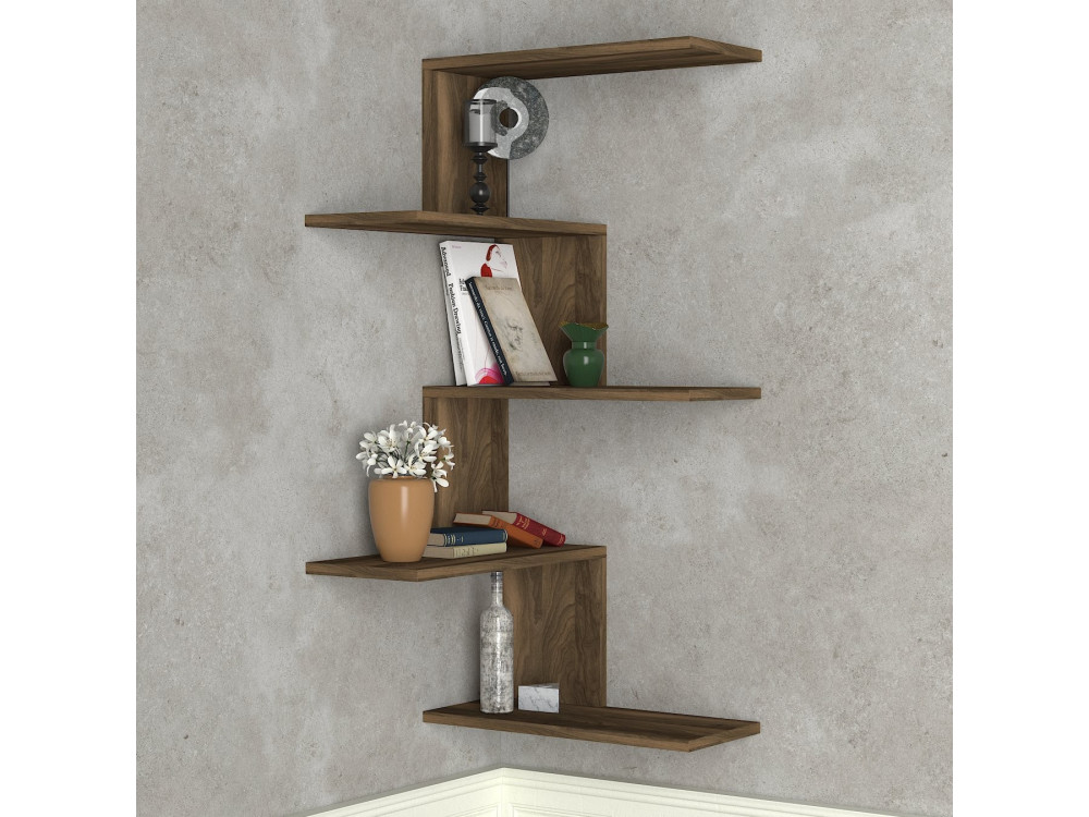 Estantería esquinera de pared de madera "Caniko" - 51 x 29 x 109 cm - Marrón