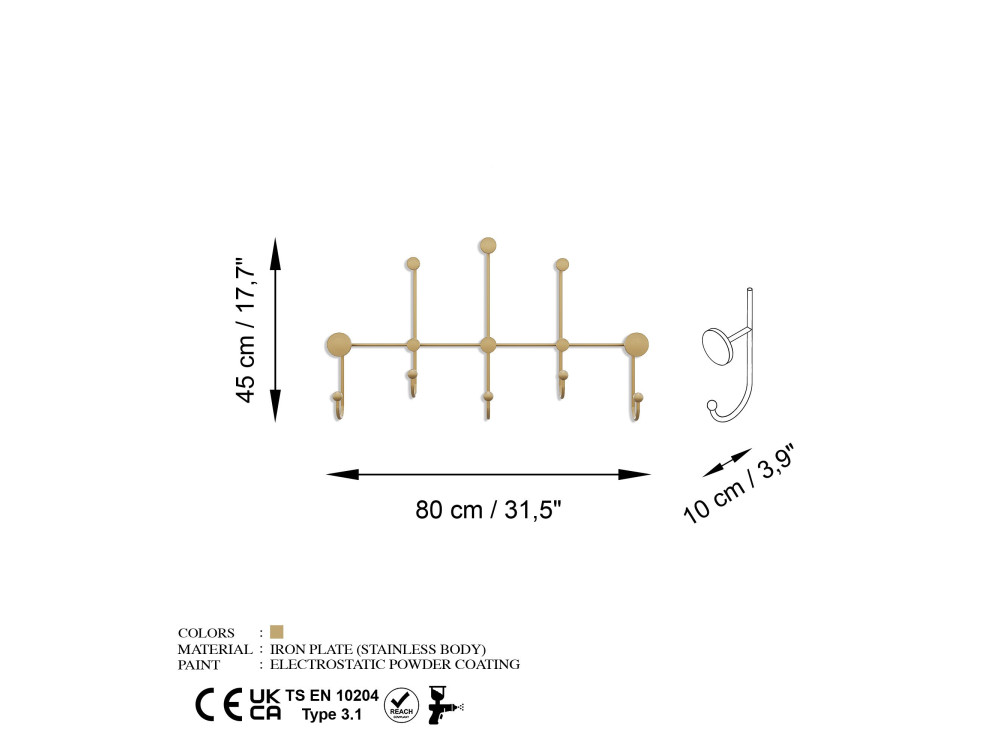 Gancho de pared metálico "iyon-A" - 80 x 10 x 45 cm - Oro