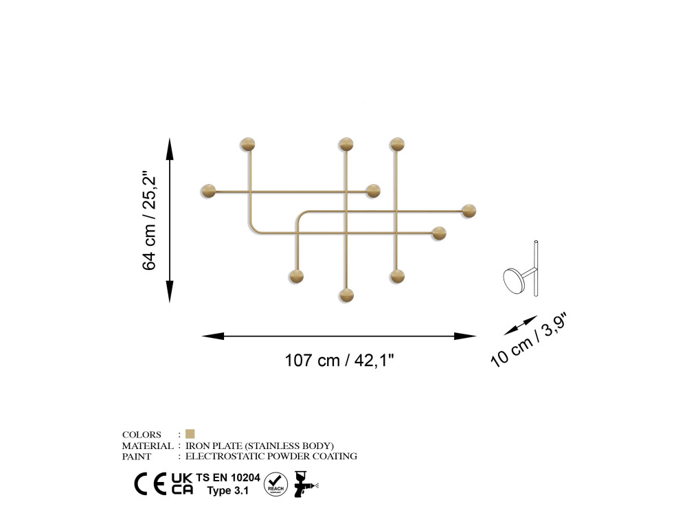 Gancho de pared de metal "Samara" - 107 x 10 x 64 cm - Oro