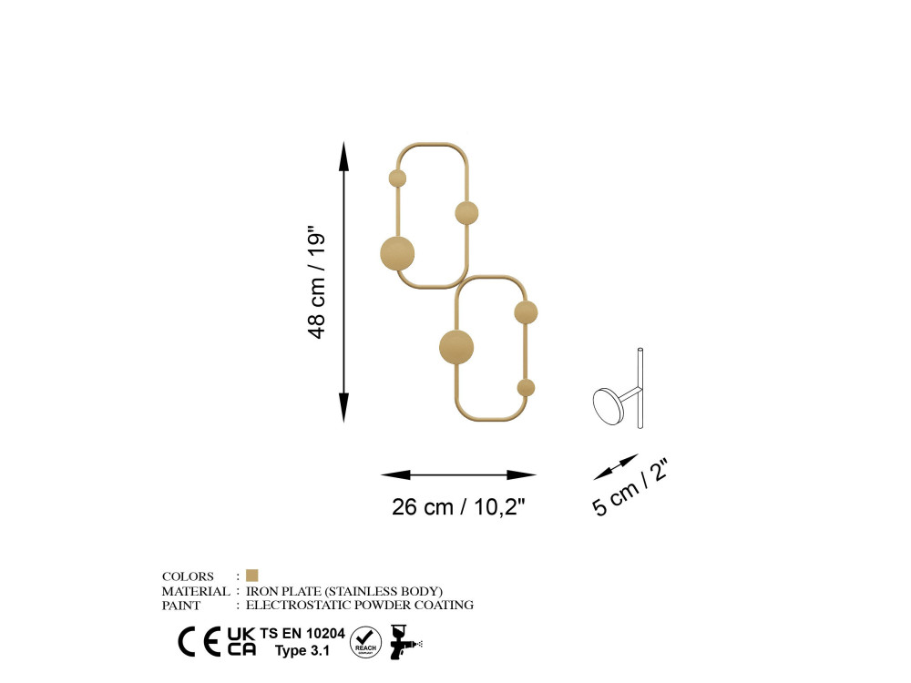 Gancho de pared de metal "Mariquita" - 26 x 5 x 48 cm - Oro