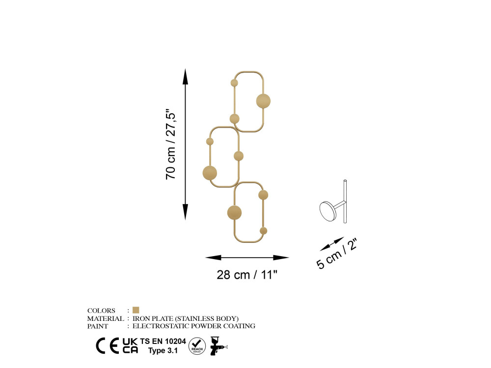 Gancho de pared de metal "Lizzard" - 28 x 5 x 70 cm - Oro
