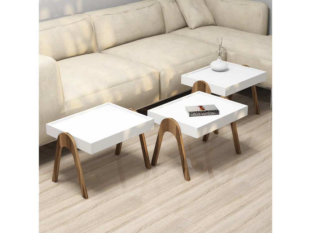 Lote de 3 mesas bajas de madera "Roma" - 53 x 40 x 64 cm - Blanco