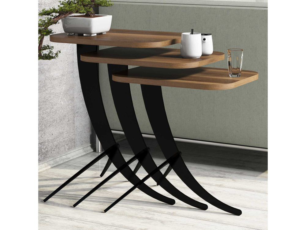 Lote de 3 mesas bajas de madera "Pion" - 45 x 35 x 60 cm - Marrón