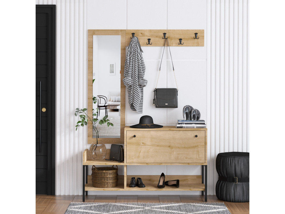 Zapatero de madera "Nonso" con espejo - 120 x 35 x 70 cm - Beige