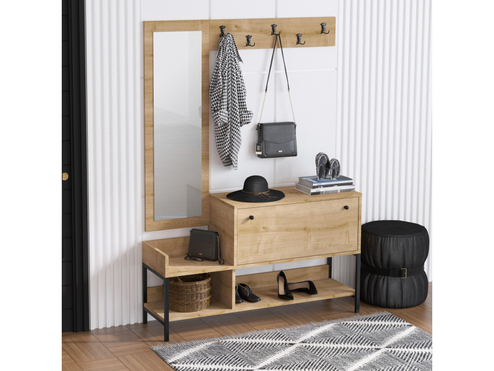 Zapatero de madera "Nonso" con espejo - 120 x 35 x 70 cm - Beige