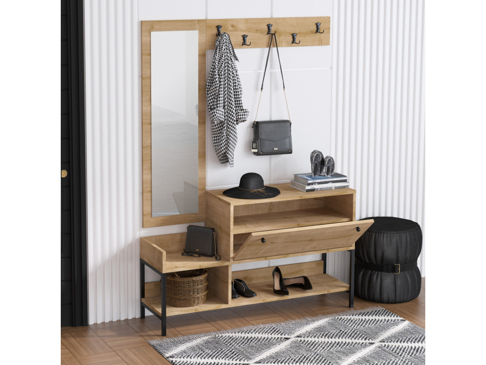 Zapatero de madera "Nonso" con espejo - 120 x 35 x 70 cm - Beige