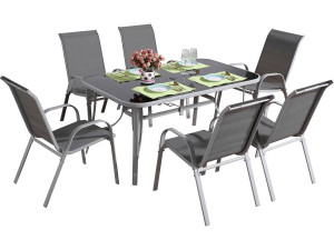 Conjunto De Jardín Mesa + 6 sillas de Textileno "Córdoba + Porto" - Gris Claro