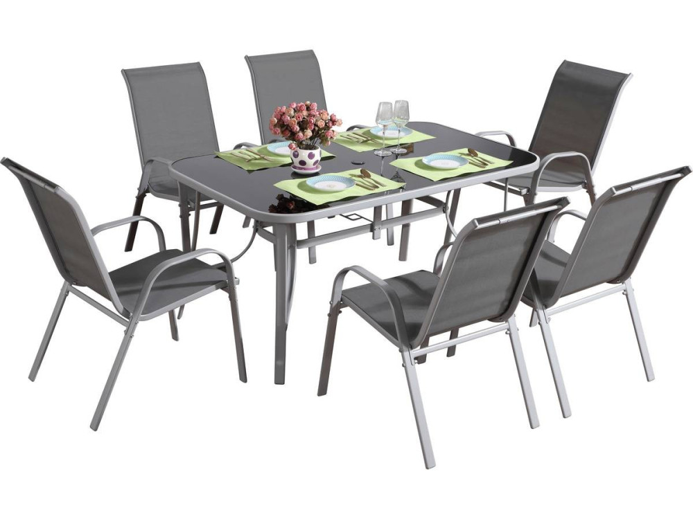 Conjunto De Jardín Mesa + 6 sillas de Textileno "Córdoba + Porto" - Gris Claro