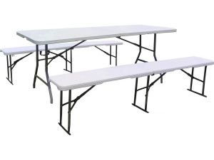 Conjunto de mesa de jardín plegable + 2 bancos "Foldy" - Blanco