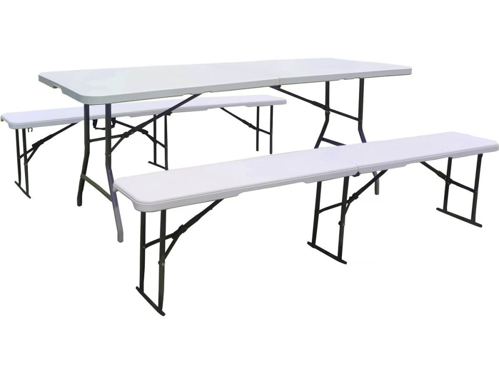 Conjunto de mesa de jardín plegable + 2 bancos "Foldy" - Blanco