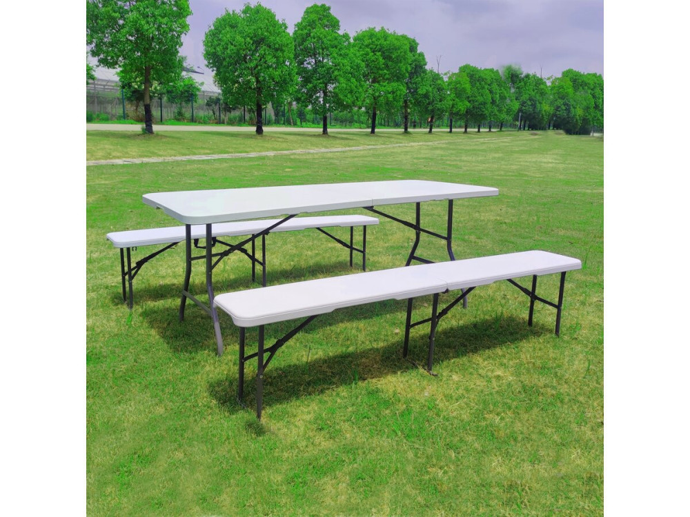 Conjunto de mesa de jardín plegable + 2 bancos "Foldy" - Blanco