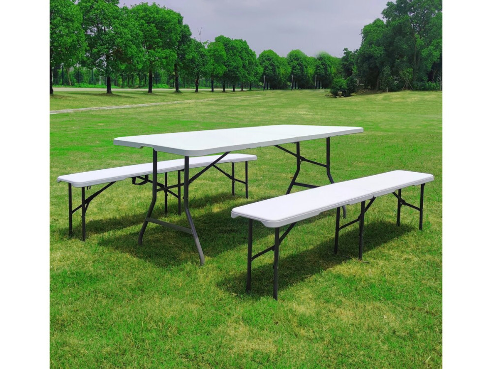 Conjunto de mesa de jardín plegable + 2 bancos "Foldy" - Blanco