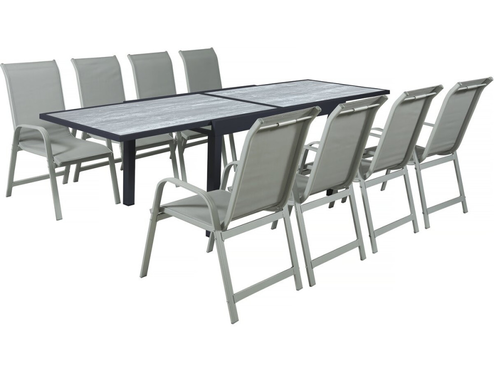 Mesa y sillas de jardín "Lagos" de aluminio extensible - 140/280 x 90 x 76 cm - Asientos 8 - Gris claro