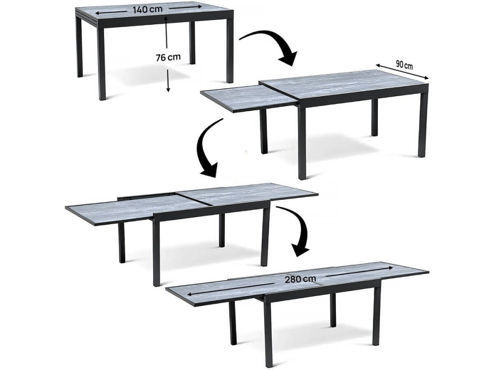Mesa y sillas de jardín "Lagos" de aluminio extensible - 140/280 x 90 x 76 cm - Asientos 8 - Gris claro