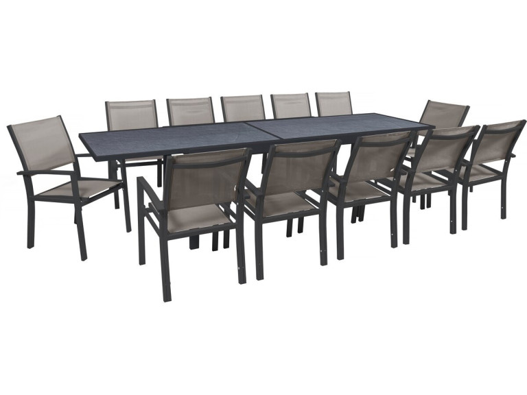 Conjunto de jardín extensible «Lagos» - 200/320 x 105 x 76 cm - 12 sillas - Gris topo