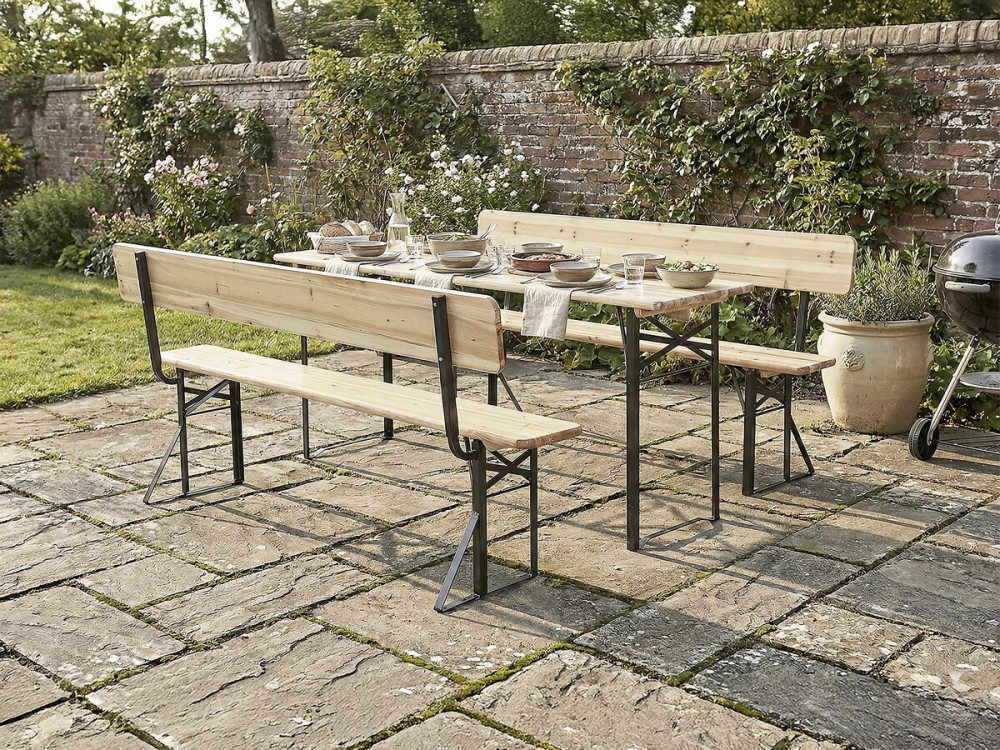 Juego de brasserie de madera para jardín "Lisboa" con respaldo - 180 cm - Marrón