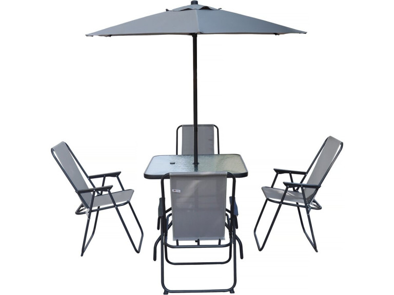 Mesa y sillas de jardín de metal "Convivia" con parasol - 4 plazas - Gris claro