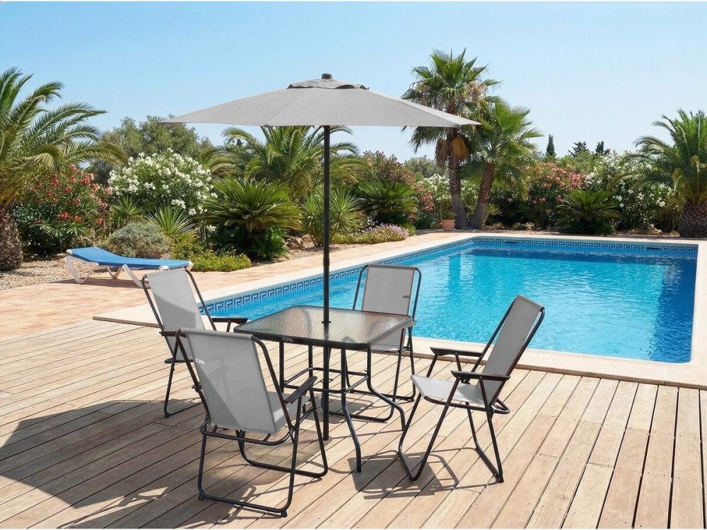 Mesa y sillas de jardín de metal "Convivia" con parasol - 4 plazas - Gris claro