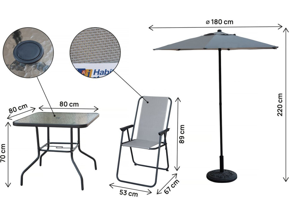 Mesa y sillas de jardín de metal "Convivia" con parasol - 4 plazas - Gris claro