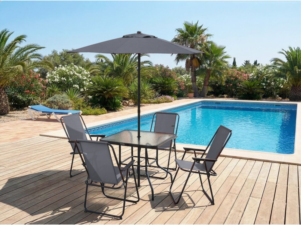 Mesa y sillas de jardín de metal "Convivia" con parasol - 4 plazas - Gris antracita