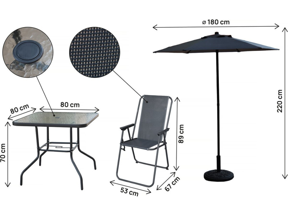 Mesa y sillas de jardín de metal "Convivia" con parasol - 4 plazas - Gris antracita
