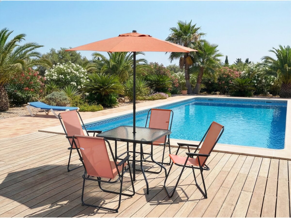 Mesa y sillas de jardín de metal "Convivia" con parasol - 4 plazas - Terracota
