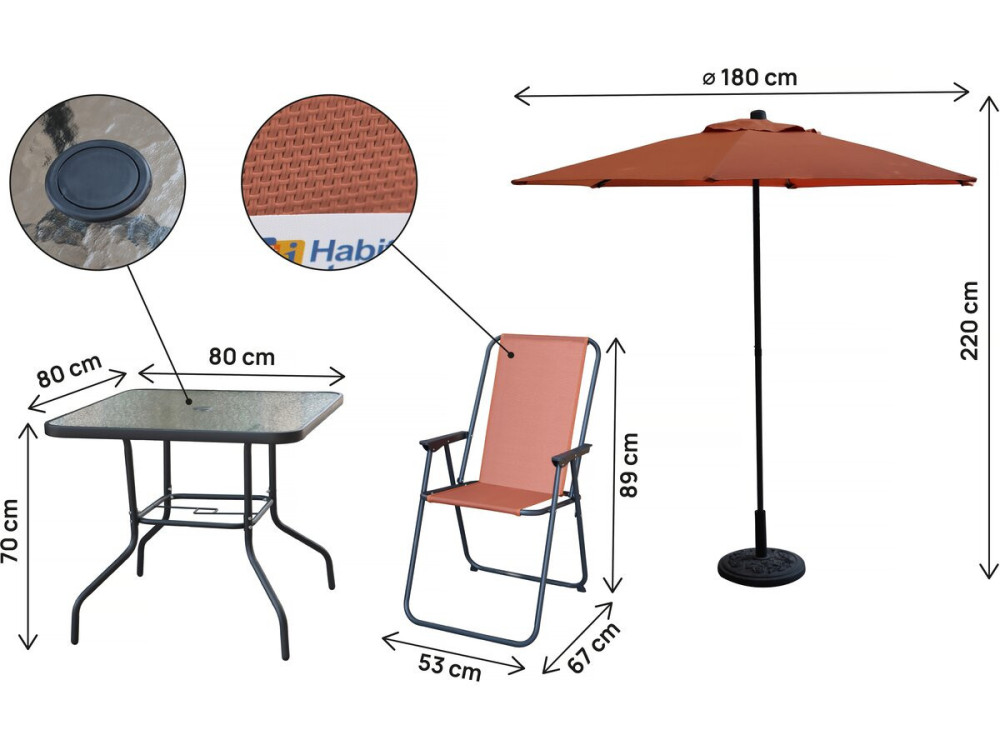 Mesa y sillas de jardín de metal "Convivia" con parasol - 4 plazas - Terracota