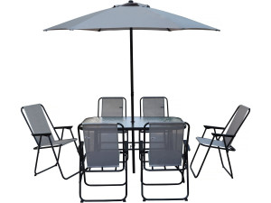 Mesa y sillas de jardín de metal "Convivia" con parasol - 6 plazas - Gris claro