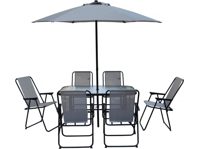 Mesa y sillas de jardín de metal "Convivia" con parasol - 6 plazas - Gris claro