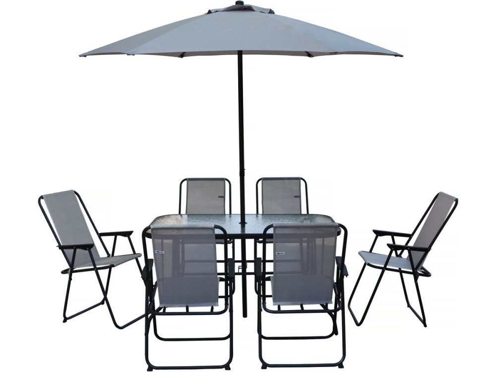 Mesa y sillas de jardín de metal "Convivia" con parasol - 6 plazas - Gris claro
