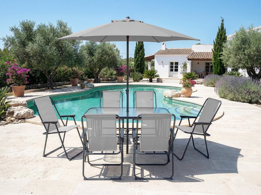Mesa y sillas de jardín de metal "Convivia" con parasol - 6 plazas - Gris claro