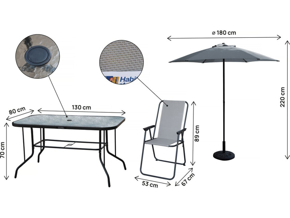 Mesa y sillas de jardín de metal "Convivia" con parasol - 6 plazas - Gris claro
