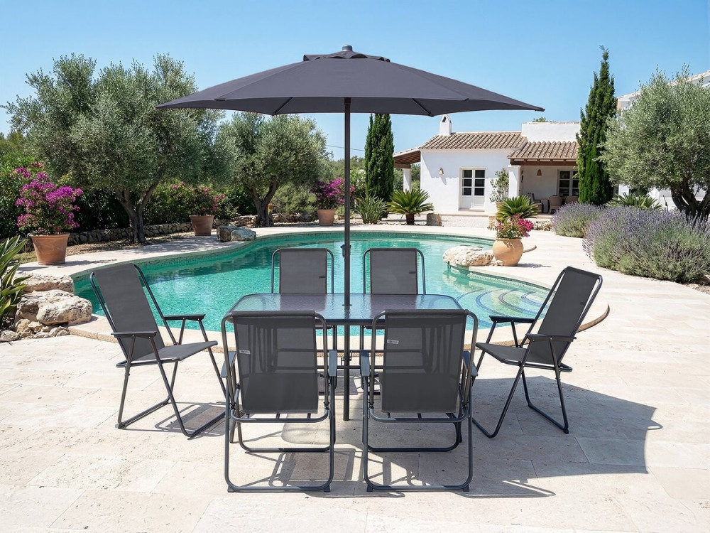 Mesa y sillas de jardín de metal "Convivia" con parasol - 6 plazas - Gris antracita