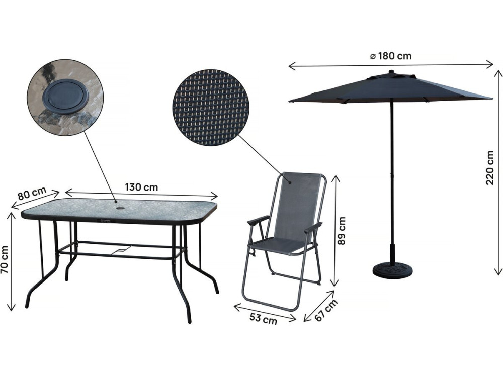 Mesa y sillas de jardín de metal "Convivia" con parasol - 6 plazas - Gris antracita
