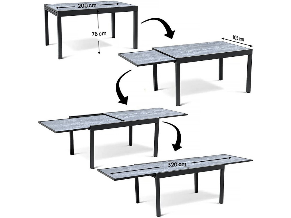 Mesa y sillas de jardín "Lagos" de aluminio extensible - 200/320 x 105 x 76 cm - Topo - 10 plazas