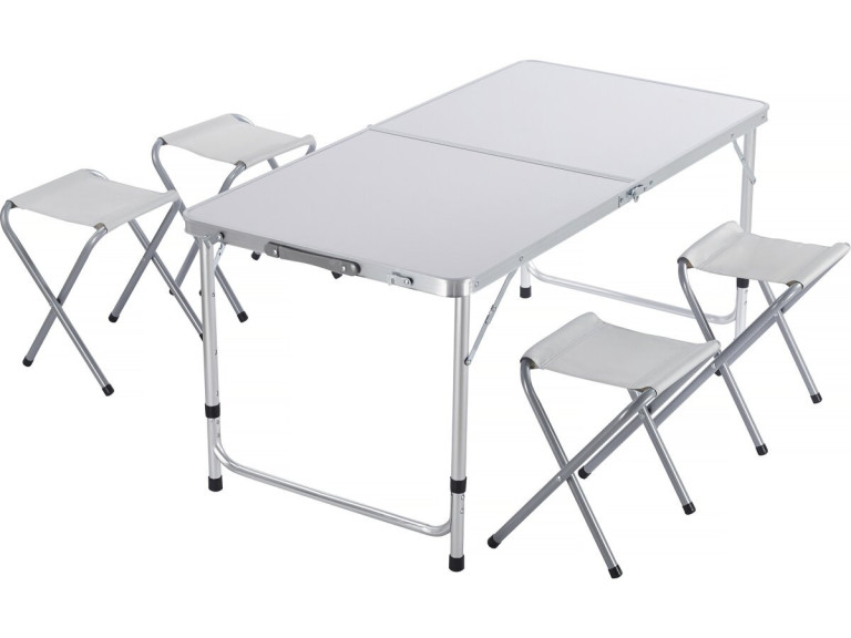 Lote de mesa de camping y 4 taburetes plegables - 125 x 60 cm - Blanco