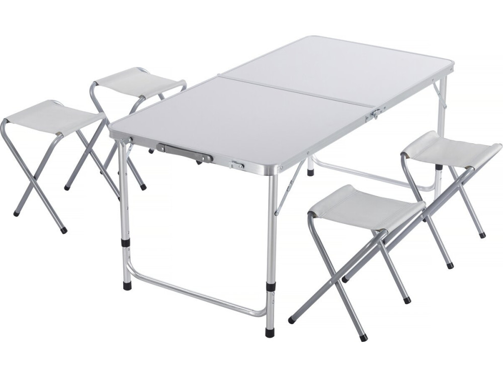 Lote de mesa de camping y 4 taburetes plegables - 125 x 60 cm - Blanco