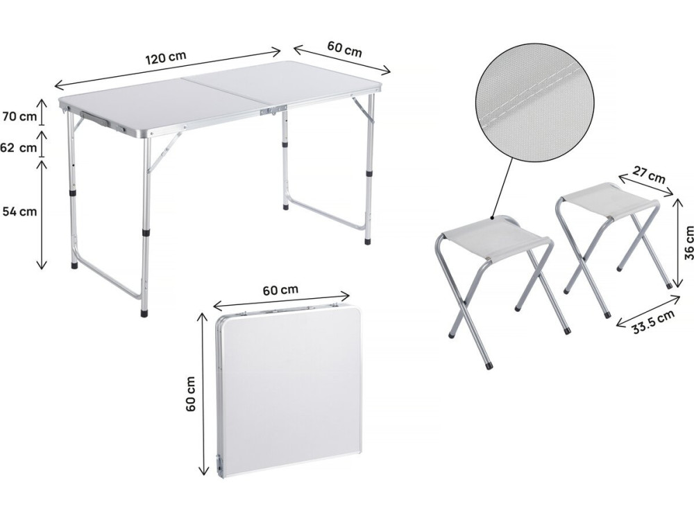 Lote de mesa de camping y 4 taburetes plegables - 125 x 60 cm - Blanco