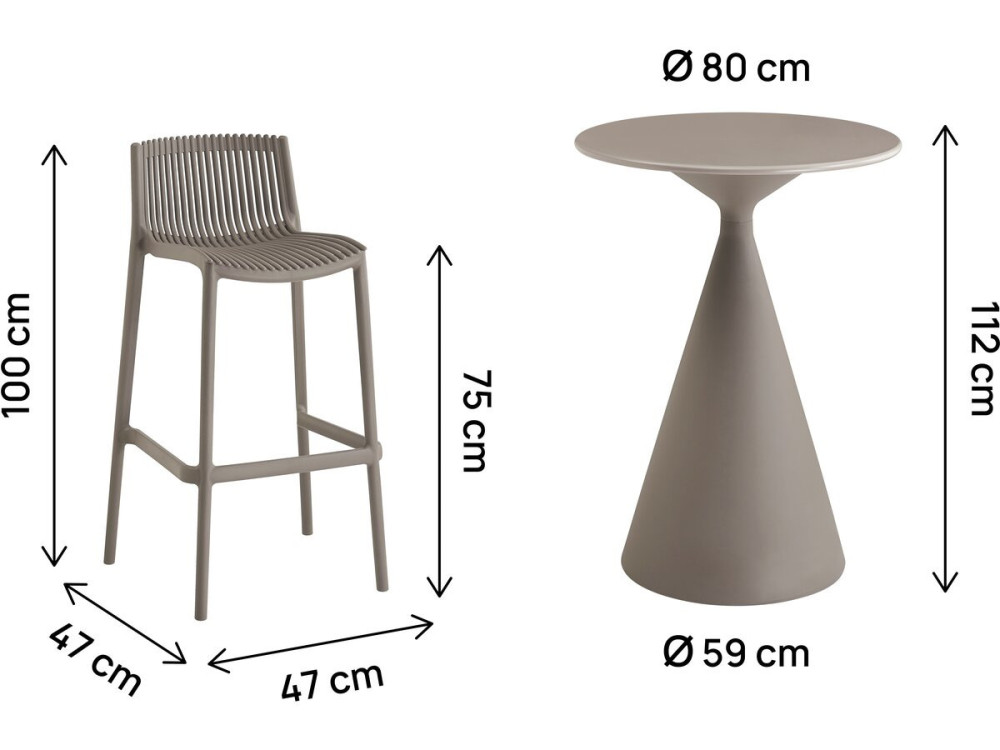 Mesa y sillas altas de jardín apilables "Néora" - 2 plazas - Taupe