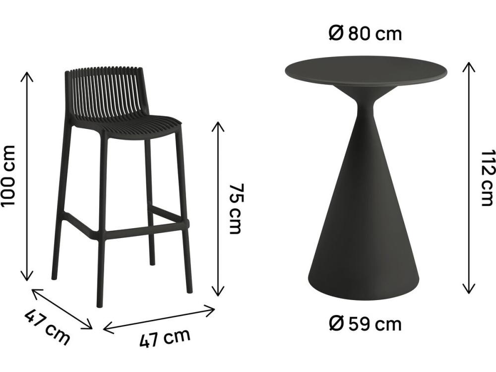 Mesa de jardín bistro apilable "Néora" y sillas altas - 2 plazas - Negro
