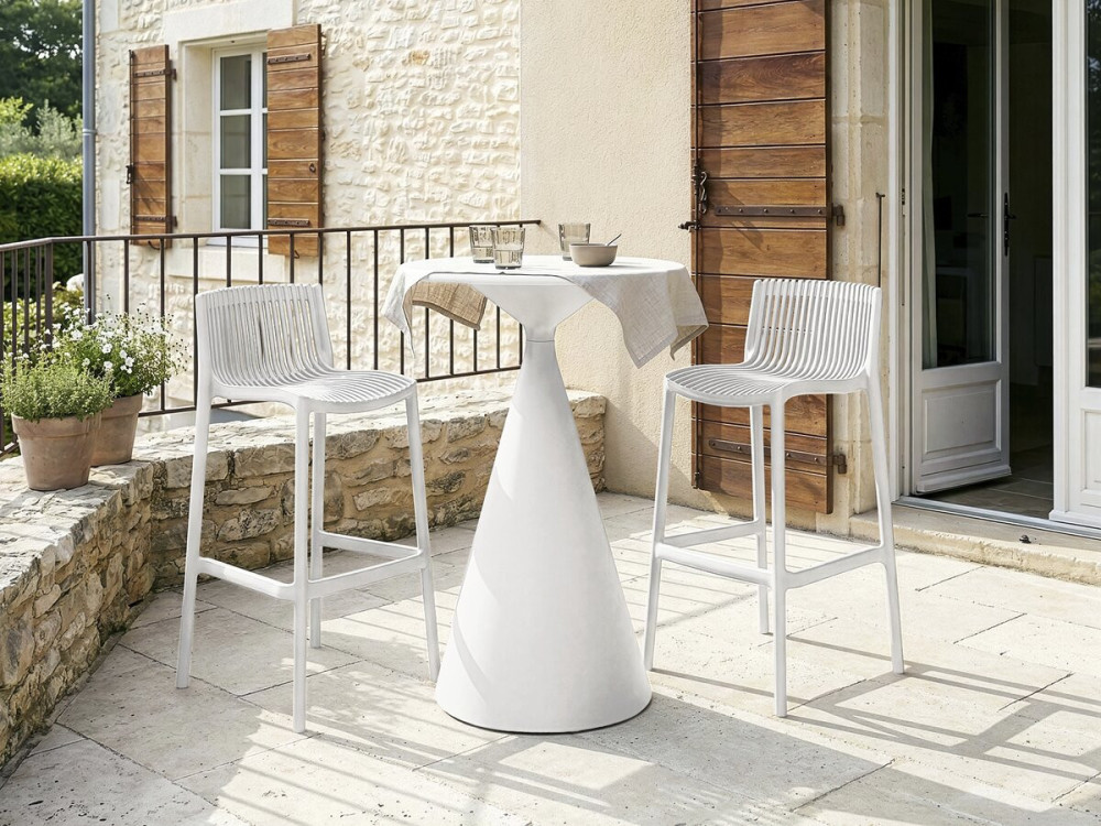 Mesa de jardín bistro apilable "Néora" y sillas altas - 2 plazas - Blanco
