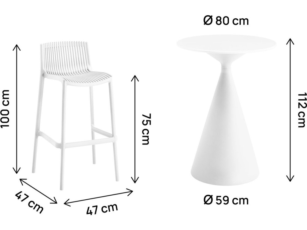 Mesa de jardín bistro apilable "Néora" y sillas altas - 2 plazas - Blanco